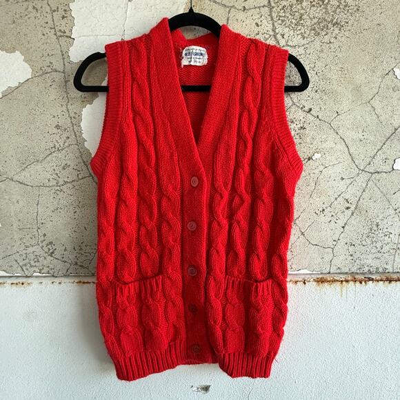 Vintage Jackets & Blazers - Vintage Cable Knit Sweater Vest Chunky Knit Sleeveless Cardigan 70s Retro Preppy